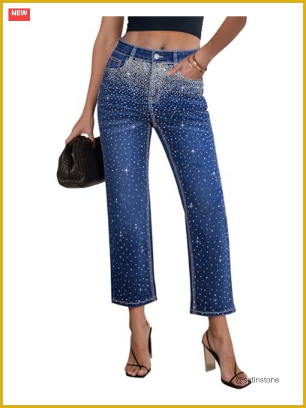 High Waisted Straight Leg Rhinestone Embellished Concert Party Jeans
